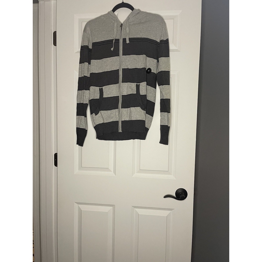 Retro Fit Full Zip Hooded Knit Sweater Medium Gray Charcoal Black Stripe Nwt